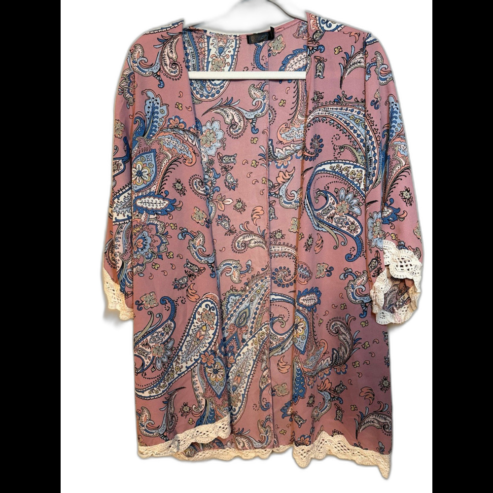 Paisley Print Kimono Cover-up with Lace Trim